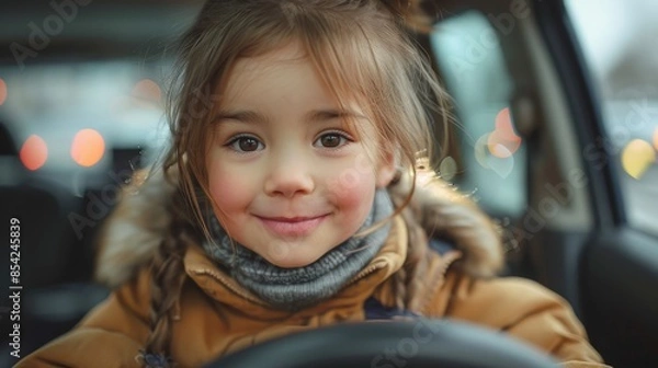 Obraz Happy child smiling in a car seat with a warm coat on and bokeh lights in background