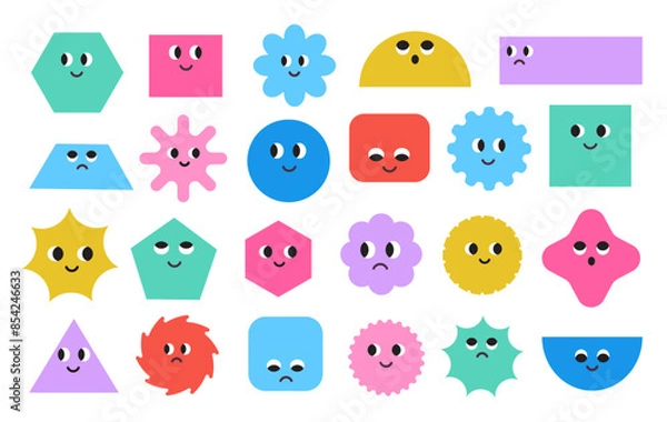 Obraz Cute colorful basic Geometric Figures with face emotions. Set of different shapes square, circle, rectangle, flower, star, rhombus, hexagon etc. Funny characters. Trendy vector illustration for kids