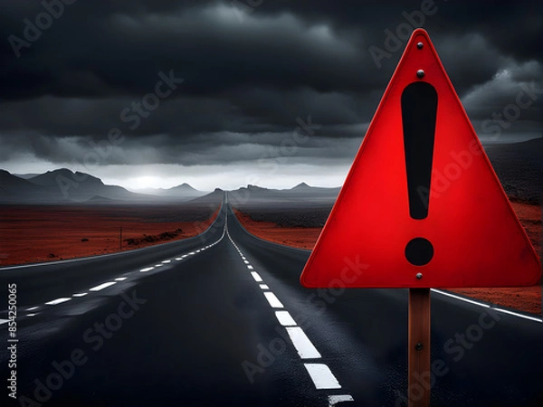 Fototapeta Realistic red caution warning sign for attention exclamation mark traffic sign by 3d render illustration. Generative AI