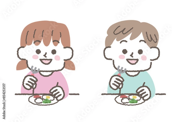 Fototapeta 食事をしている男の子と女の子のイラストセット