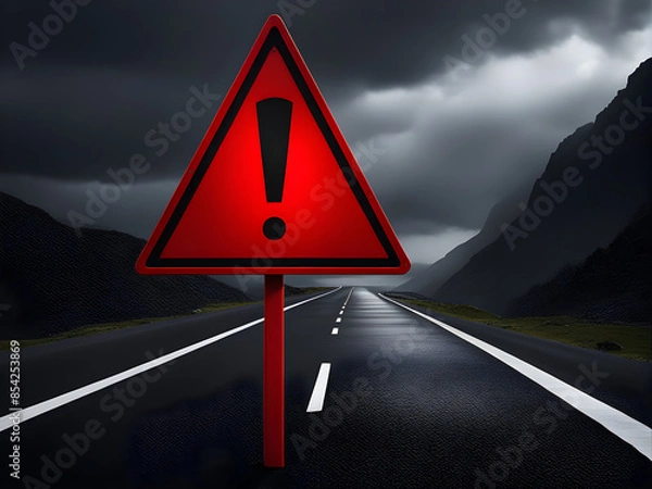 Fototapeta Realistic red caution warning sign for attention exclamation mark traffic sign by 3d render illustration. Generative AI