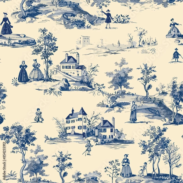 Fototapeta Toile de jouy, french countryside scenes print design seamless pattern