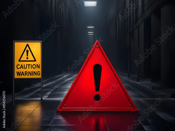 Fototapeta Realistic red caution warning sign for attention exclamation mark traffic sign by 3d render illustration. Generative AI