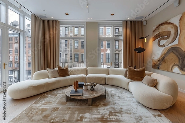 Fototapeta Stylish New York loft with wooden textures, showcasing a minimalist design. The space emphasizes simplicity and tranquility, with intricate details and a focus on clean, clutter-free living.