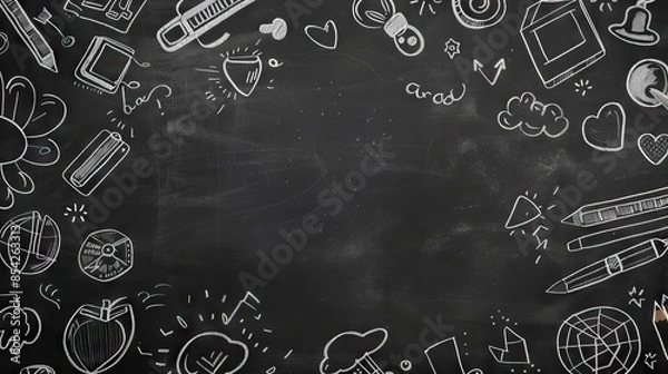 Fototapeta Creative educational sketch on blackboard background with copy space. Education and knowledge concept. AI generated illustration