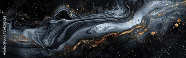 Fototapeta Black Watercolor Fluid Texture with Marbled Paper Background - Abstract Illustration Banner