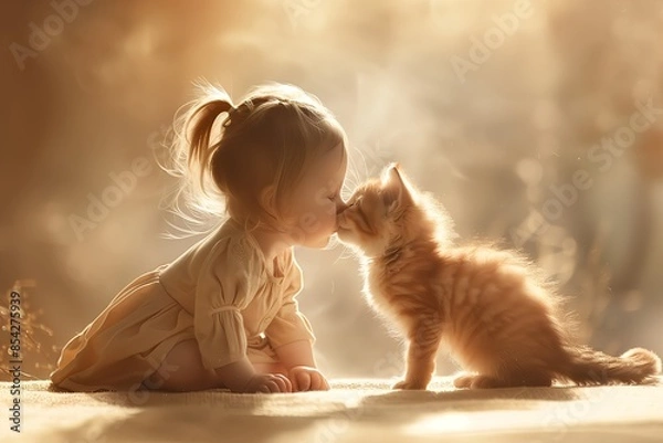 Fototapeta 子猫にキスをする女の子