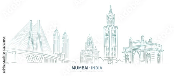 Fototapeta Mumbai cityscape line drawing vector. sketch style Mumbai, India landmark illustration 
