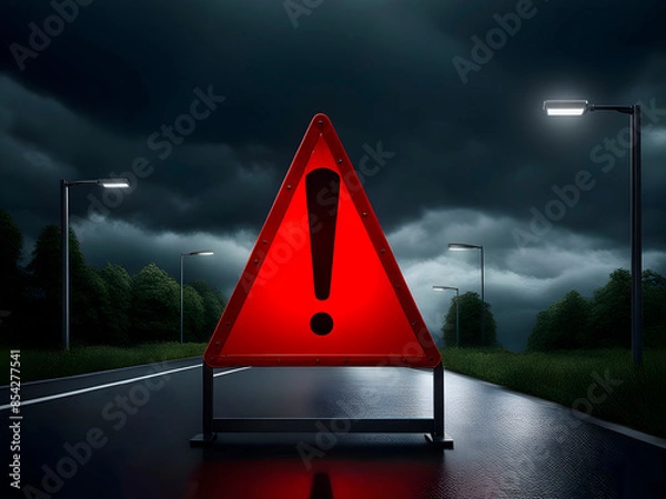Fototapeta Realistic red caution warning sign for attention exclamation mark traffic sign by 3d render illustration. Generative AI