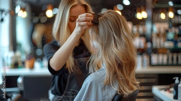 Obraz A stylist arranges a beautiful hairstyle for a female client at a well-equipped professional beauty salon