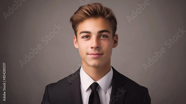 Fototapeta A young businessperson in a well-fitted suit, crisp white shirt, and tasteful tie stands confidently against a neutral background. Soft lighting highlights their composed, approachable expression, mak