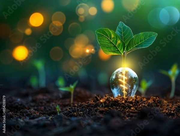 Fototapeta A glowing light bulb with a plant growing inside it, symbolizing sustainable energy and eco-friendly innovation in a vibrant garden.