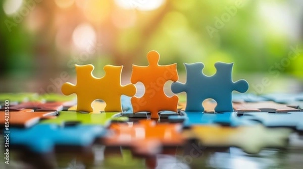 Obraz Three colorful puzzle pieces standing upright blurred natural background