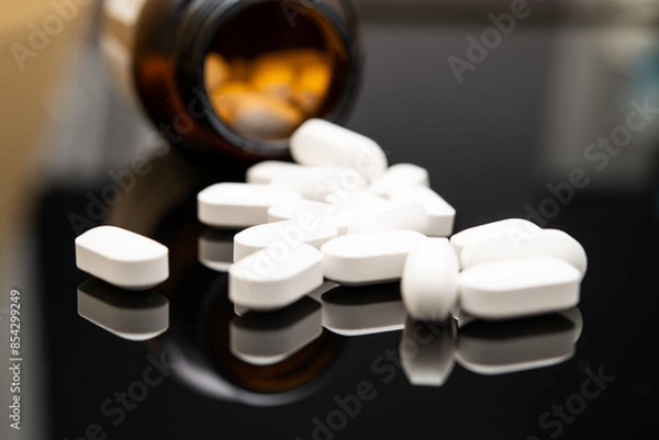 Fototapeta Close-Up Image of White Opioid Pills Spilled from Prescription Bottle on Glossy Surface