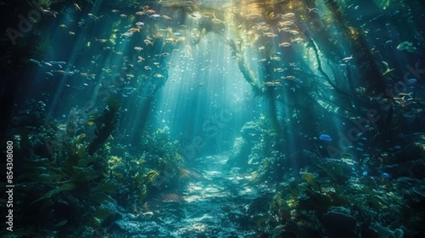 Fototapeta A deep blue ocean with a path of light shining through it