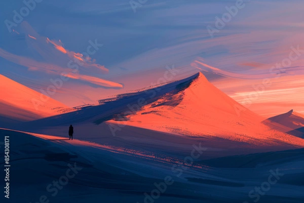 Fototapeta Illustration of desert with figure of person vista under sunset sky. Immense sand dunes cast extended shadows across sand.