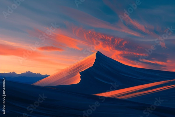 Fototapeta Illustration of desert landscape at sunset, where towering dunes cast elongated shadows under broad twilight sky.