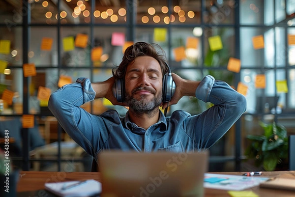 Fototapeta Office Relaxation: Man Enjoying Music with Headphones in Creative Workspace