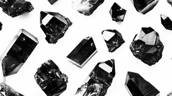 Fototapeta black and white image of black quartz crystals on a plain background, scattered in various shapes and sizes