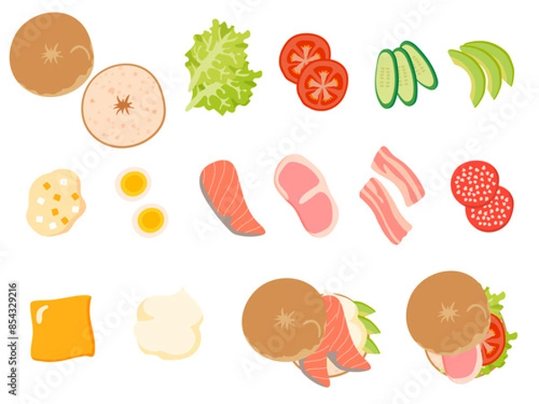 Obraz ベーグルサンドイッチの具材と出来上がったベーグルサンドをセットにしたベクターイラストレーション