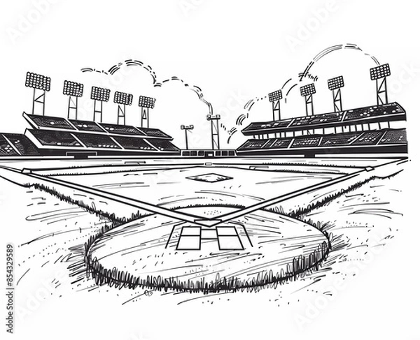 Fototapeta cartoon baseball field with stands and lights, simple line art, coloring book style, black lines white background, no color, no shading 