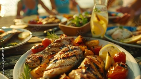 Fototapeta A group of friends gathered around the picnic table eagerly devouring plates of grilled fish chicken and vegetables from the beach barbecue.