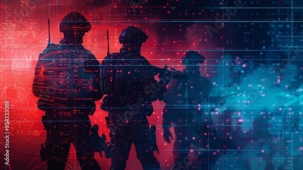 Fototapeta Silhouettes of a digital battlefield with cyber adversaries using AI tools, highlighting the evolving nature of cyber threats Concept Art, Realistic, High Contrast