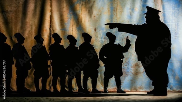 Fototapeta Silhouette of a fat general pointing aimlessly, shadowy figures depicting chaos and lack of control, emphasizing ineffective leadership Copy space