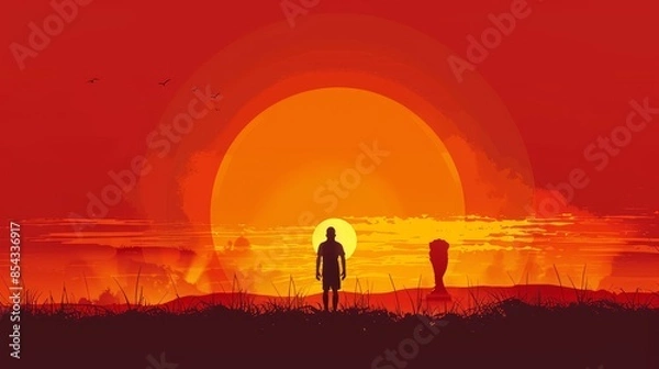 Fototapeta A man stands in a field with a trophy and a sun in the background