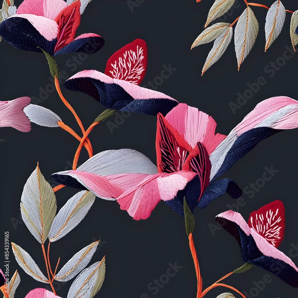 Fototapeta pattern with flowers and leaves AI generated 