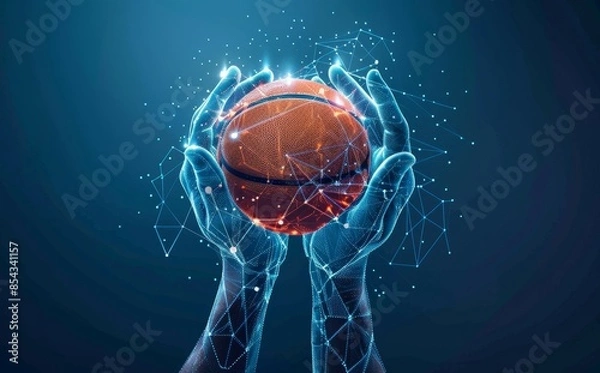 Fototapeta Futuristic digital illustration of hands holding a basketball with glowing connections and technology elements on a dark background.