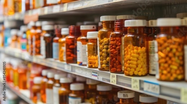 Fototapeta The shelves filled with various bottles of medication, likely in a pharmacy or a drug store. 