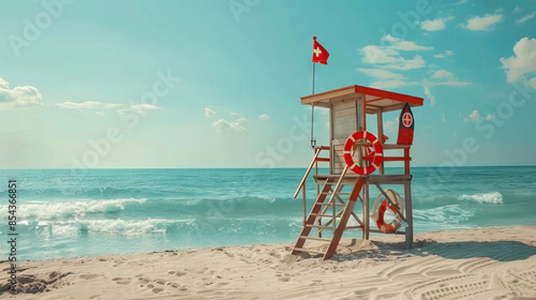Obraz Beach environments with lifeguard towers, flags, and safety signs with copy space.