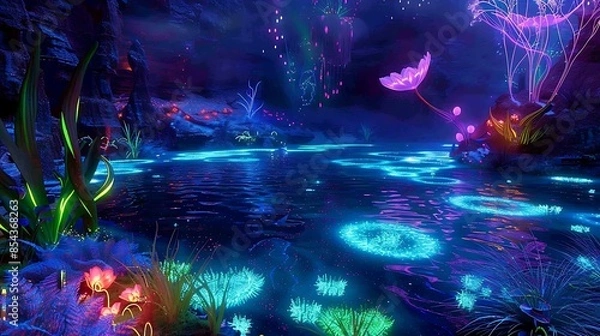 Fototapeta Ethereal Glow: Enchanted Lake with Luminescent Plants and Magical Energy in a Surreal Black-light Party Setting 