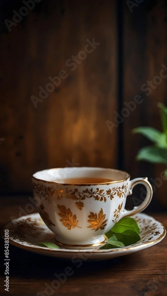 Fototapeta Tranquil Moments, Herbal Infusion In a Cup, Vintage Elegance And Charm With Fresh Green Tea on a Rustic Wooden Table, Aromatic Bliss, Leafy Delight, space for text, 