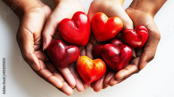 Fototapeta Diverse hands holding red hearts together, symbolize unity, love, and support for World Organ Donation Day, emphasizing the importance of organ donation and community solidarity