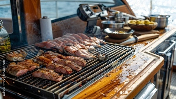 Fototapeta A makeshift grill is set up on the deck ready to cook up the days catch to perfection.