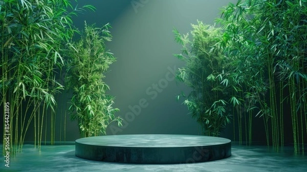 Fototapeta A serene bamboo stage with verdant foliage illuminated by soft lighting, creating a tranquil atmosphere.