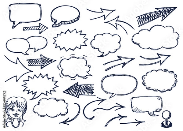 Fototapeta Hand drawn arrows and speech bubbles illustration set