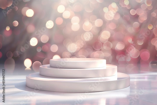 Fototapeta White theme Podium mockup with bokeh background. Generative AI