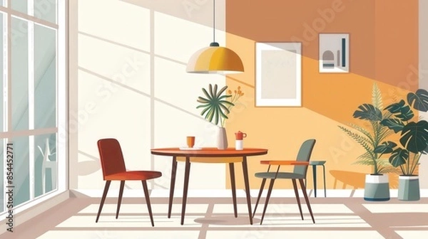 Fototapeta A modern dining room with a round table, two chairs, and plants, bathed in warm sunlight streaming through a large window.