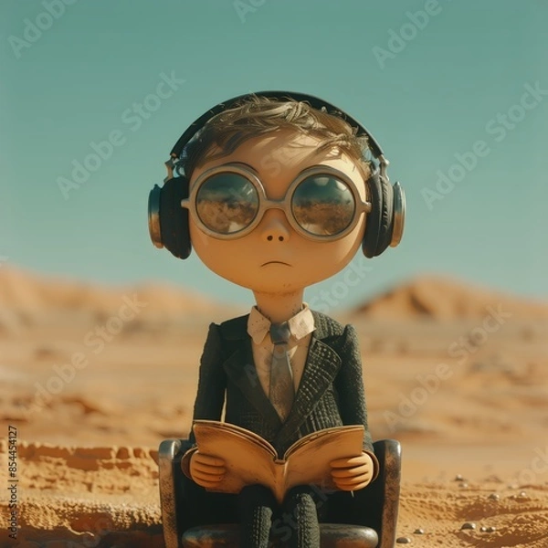 Fototapeta Illustration of boy sitting in the desert with a book.