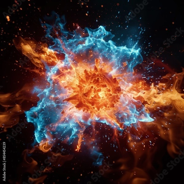 Fototapeta  A blue and orange fire explosion with sparks on a black background.