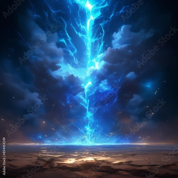 Fototapeta Blue lightning beam falls from the sky.