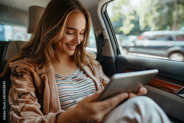 Fototapeta Young woman using tablet in backseat of car during daytime commute