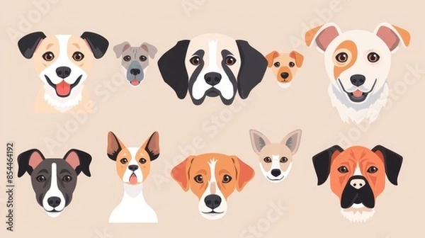 Fototapeta A charming collection of diverse dog breeds, featuring various colors and expressions, displayed against a light brown background.