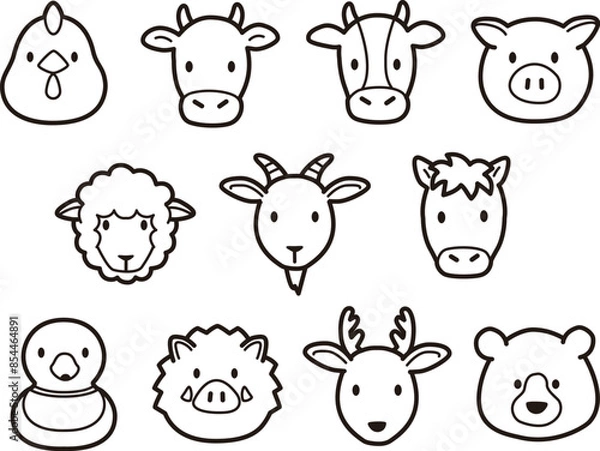 Obraz シンプルでかわいい野生、家畜、食肉動物の顔アイコンイラスト