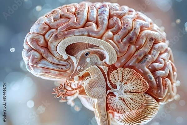 Fototapeta Cutaway Anatomical of Brain Highlighting Hypothalamus and Limbic Regions in Earthy Technical Schematic Style