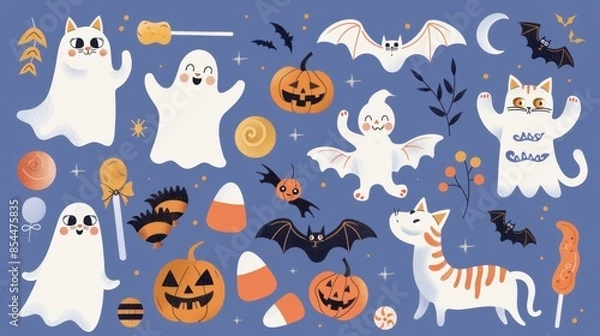 Obraz A colorful illustration featuring playful ghosts, bats, and cats in a festive Halloween setting.