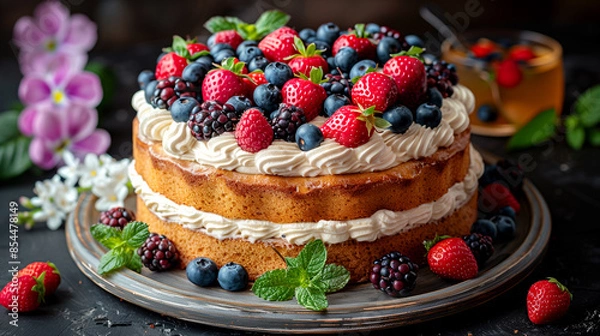Fototapeta A cake with strawberries and blueberries on top. The cake is on a plate and has a green leaf on it